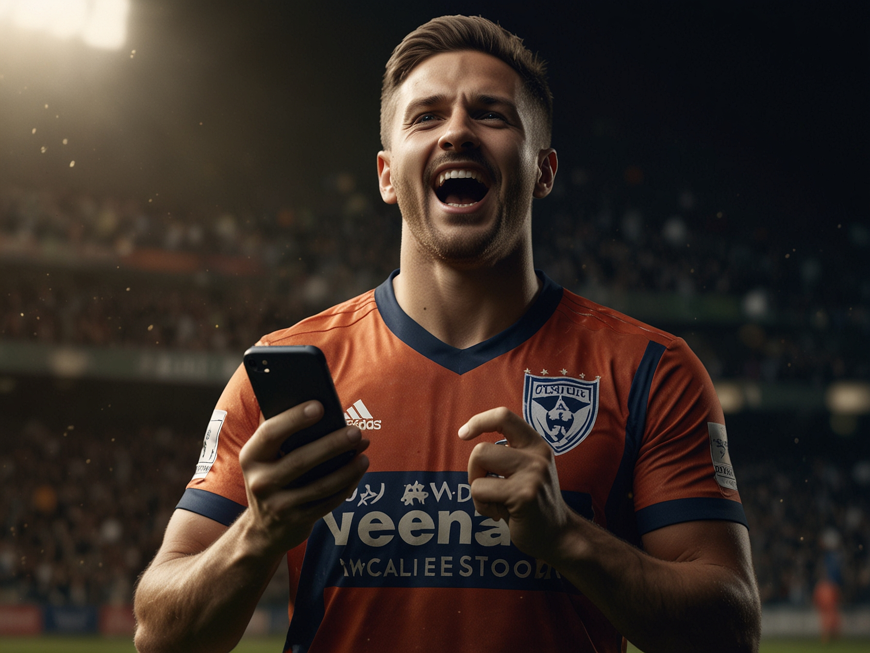 Giocatore esultante su campo sportivo con telefono